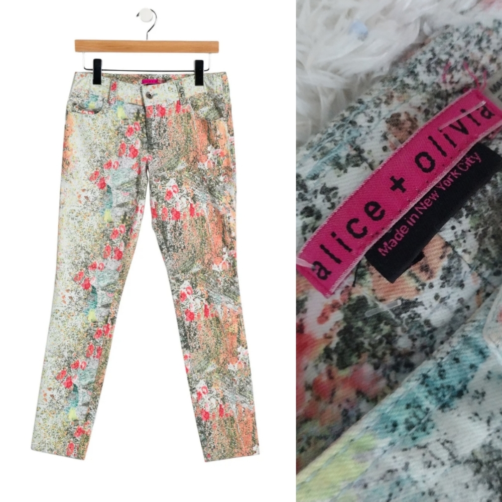 Alice + Olivia Mid Rise Floral Paint Splatter Skinny Jeans